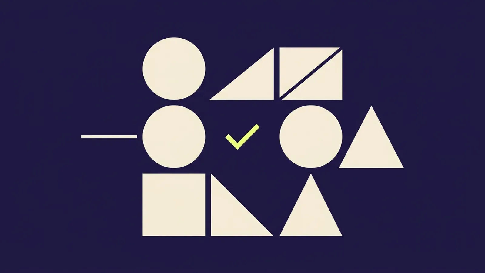 An abstract flat graphic: a deep navy-violet field with warm cream geometric forms and one small highlighter-yellow checkmark.