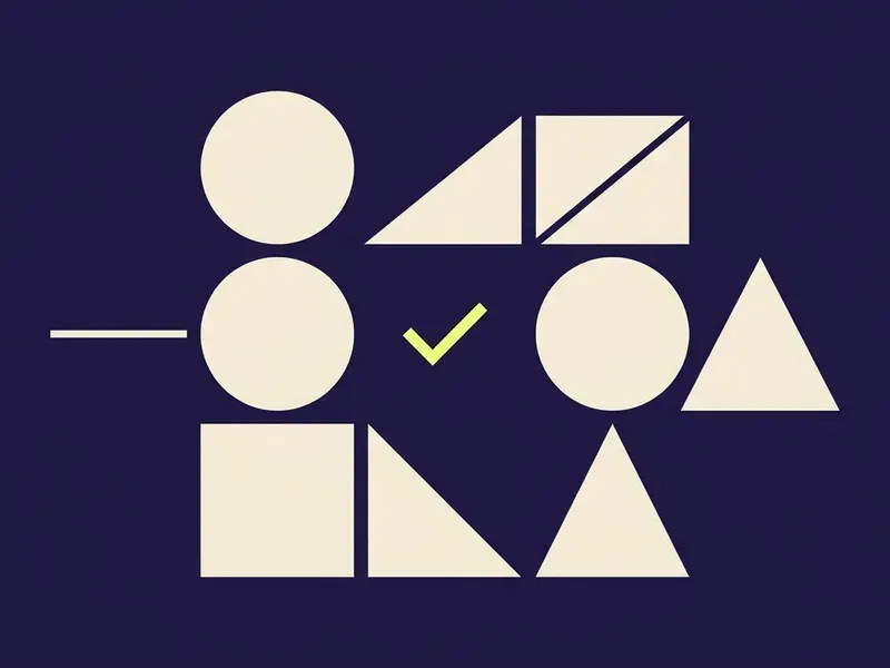 An abstract flat graphic: a deep navy-violet field with warm cream geometric forms and one small highlighter-yellow checkmark.